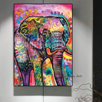 Hand Painted Oil Painting Graffiti Street Art Canvas Animal Colorful Elephant Pop Cartoon Painting