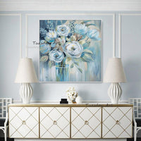 Hand Painted Wall Art Oil Paintings Blue Abstract Canvas Flowers Modern