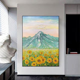 Home Canvas Artwork Hand Painted Sunflower and Mountain Oil Painting Texture On Canvas