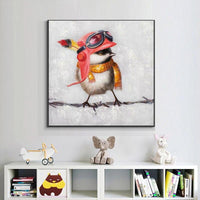 Hand Painted Modern Abstract Cute Bird Animals Oil Painting On Canvass For Kids Room As