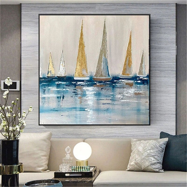 Hand Painted Landscape Oil Painting With Gold Foil Silver Art Seascape Ship Abstracts