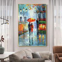 Hand Painted Modern Oil Painting Rain Tree Road Palette Knife People Abstract Canvas Wall Art