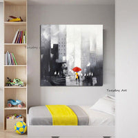 Hand Painted Oil Painting Color People Retro Abstract Grey Canvas Couple With Umbrella Walking On Street Modern