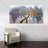 Palette Knife Art Purple Golden Flower Tree Oil Painting Panel