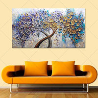 Palette Knife Art Purple Golden Flower Tree Oil Painting Panel