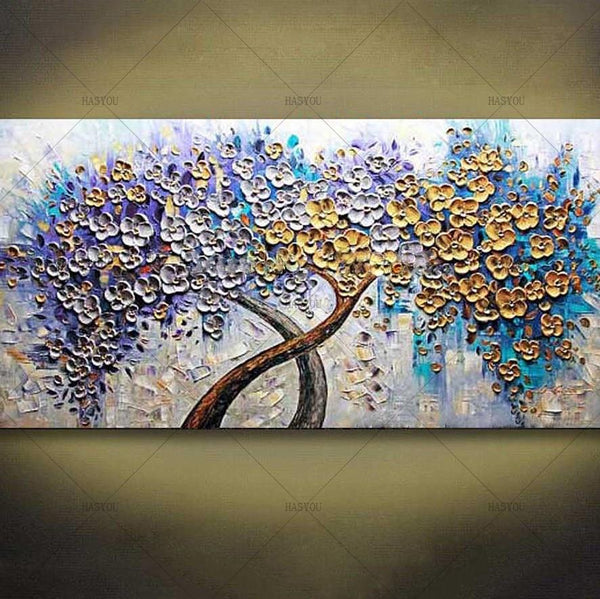 Palette Knife Art Purple Golden Flower Tree Oil Painting Panel