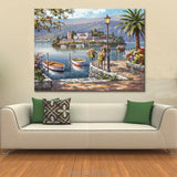 Mediterranean Boats and Island View Seascapes painting (hand painted)