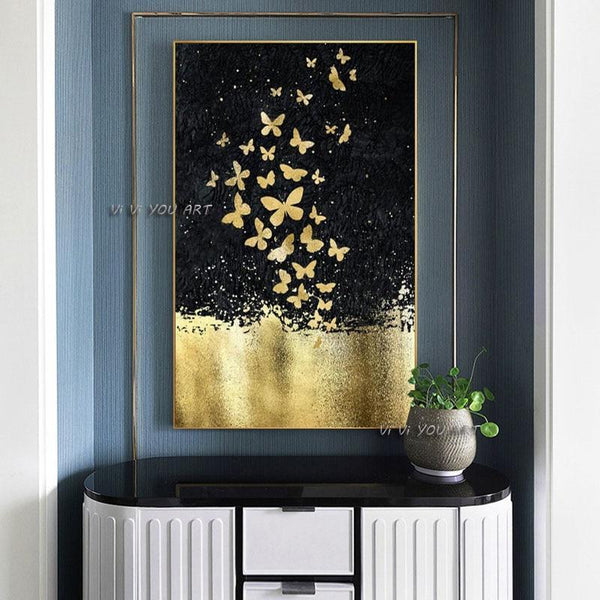 Hand Painted Abstract Gold Foil Butterfly Wall Art On Canvas Modern Bedroom