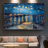 Hand Painted Starry Night on The Rhone River By Vincent Van Gogh Famous Impressionist Oil Painting Room Decor