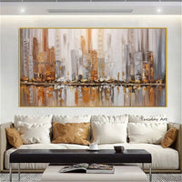 Hand Painted Gold City Building Scenery For Home Abstract Oil Painting On Canvas Decor