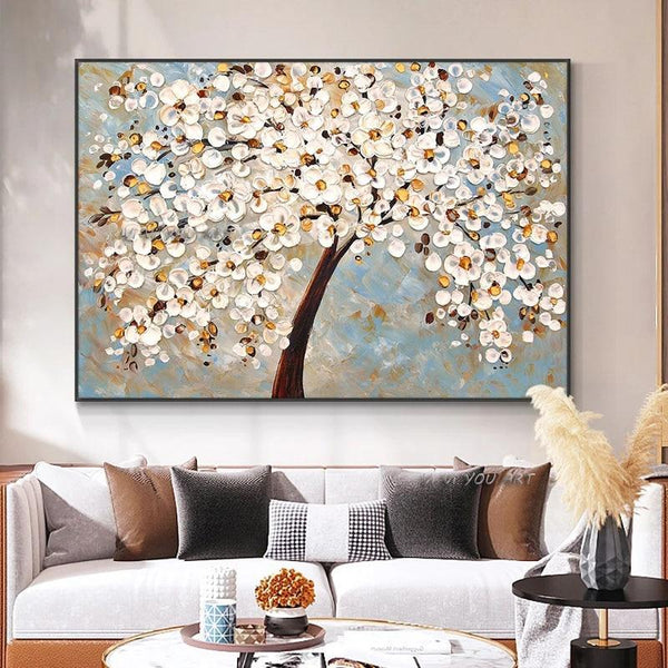 Hand Painted Abstract White Flowers Tree Landscape Minimalist Modern On Canvas Decorative