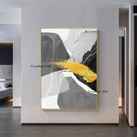 Hand Painted Oil Painting Art Gray Black Yellow Lines Abstract Newest Canvas Modern