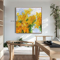 Hand Painted Contemporary Abstract Yellow Flowers Modern Wall Art Minimalist Bedroom Decorations