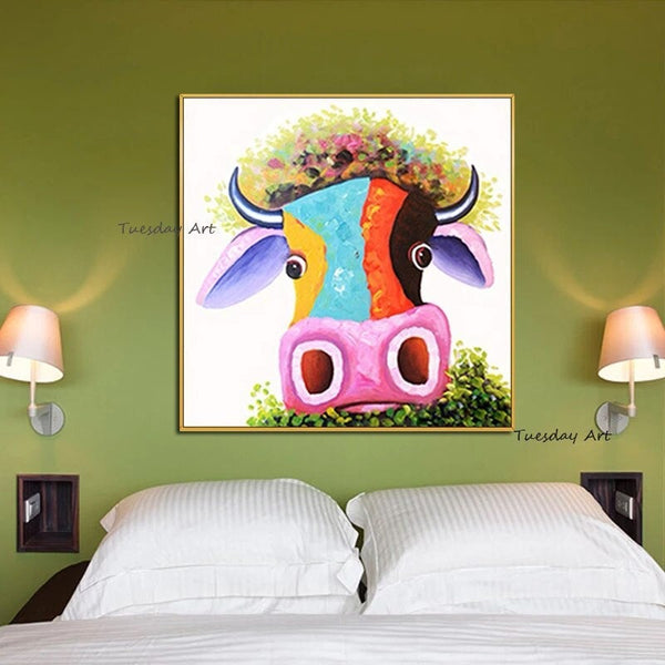 Hand Painted Modern Cow Head Art Oil Painting On Canvas