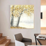 Hand Painted On Canvas Abstract Textured Trees With Yellow Leaves Wall Art Modern