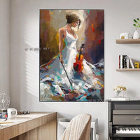 Abstract Hand Painted Art with Girl Play Violin Modern in Living room Bedroom