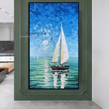 Hand Painted Abstract Landscape Modern Oil Painting Sea Sailboat Canvas Painting Square Nordic