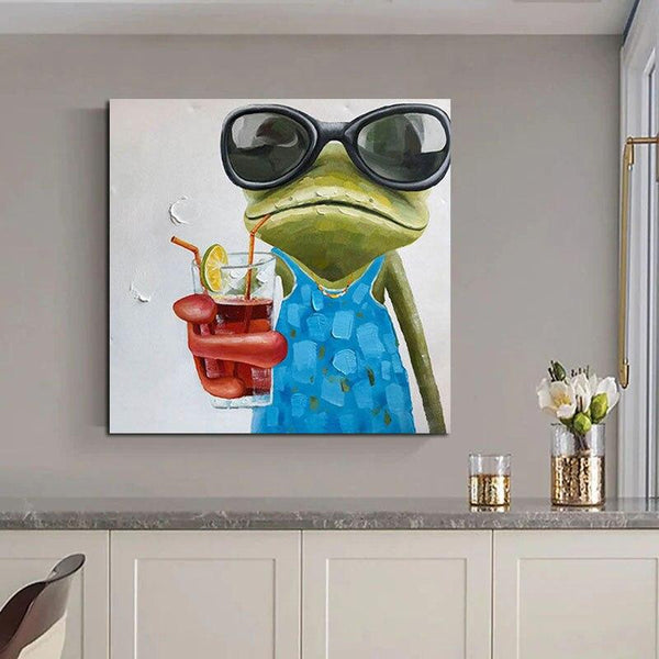 Hand Painted Cartoon Animal Oil Painting Lovely Colorful Frog For Kids Room Living Dining Office Cafe