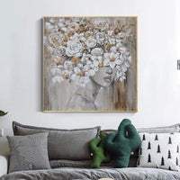 Abstract Human Painting Girl With Flowers In Her Head Modern Hand Painted Wall Art