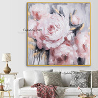 Oil Painting Hand Painted Abstract Canvas Palette Knife Pink Flowers Modern Decor Floral Unframed