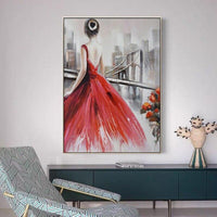 Hand Painted Canvas Abstract Girl With Red Dress Art Painting Decor Modern For Wall