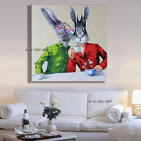 Hand Painted Funny Rabbit Drink Coffee Painting On Canvas Abstract Animal Green And Red Rabbit Cartoon Painting Decor