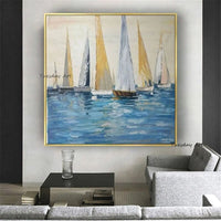 Modern Hand Painted Art Oil Painting Blue Sea Ship Canvas Classical For Living Home Room