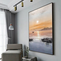 Sea Oil Painting Hand Painted Canvas Yellow Abstract Sunset Seascape Painting Hallway