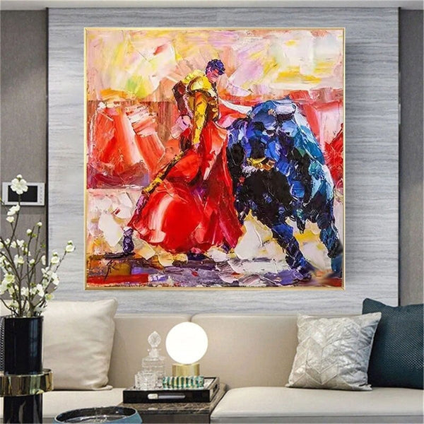 Hand Painted Character Oil Painting Animal Abstract Spanish Matador And Bull Mural Thick Texturess