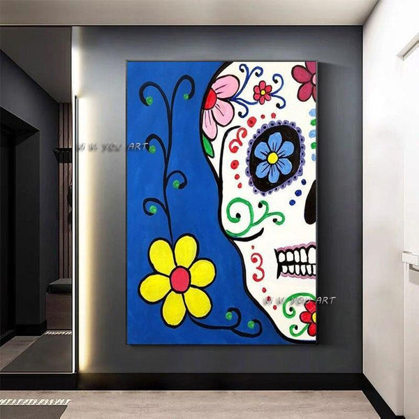 Modern Hand Painted Colorful Cartoon Skull Canvas Mexico Day of the Dead for