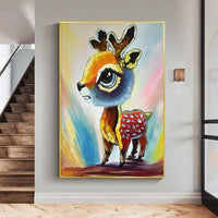 Hand Painted Cartoon Fawn Oil Painting on Canvas Modern Cute Animal Lovely Pet Painting For Room As