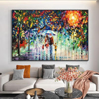 Hand Painted On Canvas Abstract Families Walking In The Rain With Umbrella Decorative