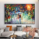 Hand Painted On Canvas Abstract Families Walking In The Rain With Umbrella Decorative