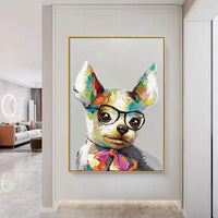 Hand Painted High Quality Lovely Animal Dog on Canvas Cartoon Handsome Dog with Glasses Oil Painting