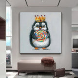 Hand Painted Modern Oil Painting Cute Little Penguin Holding a Lollipop Animal Abstract Canvas Wall Art