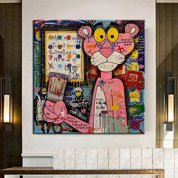 Hand Painted Oil Painting Pink Panther Cartoon Abstract Street Graffiti Ban ksy Art Pop Art Canvass Room Decor