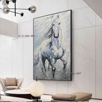 Pure Hand Painted High Quality Modern Animal White Horse on Canvas Textured Knife White Horse Oil Painting