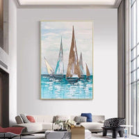 handmade Abstract Gold Foil sailboats Landscape Oil Painting on canvas Painting