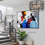 Hand Painted Modern Art Work Red Blue White Abstract Standard Wall Art Canvas Painting Office