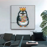 Hand Painted Modern Oil Painting Cute Little Penguin Holding a Lollipop Animal Abstract Canvas Wall Art