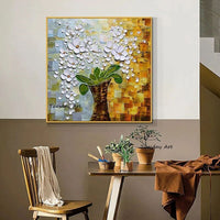 Hand Painted Abstract Hand Painted Oil Painting modern Thick oil Knife white flowers on Canvas wall Art Frameles