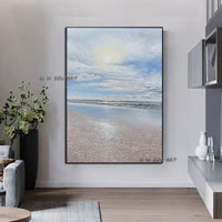 Modern Wall Canvas Simple Hand Painted Abstract Seascape In Light Blue For Restaurant