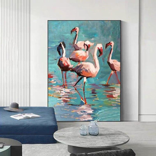 Hand Painted Flamingo Animals Oil Painting Modern Hand Painted For Home As