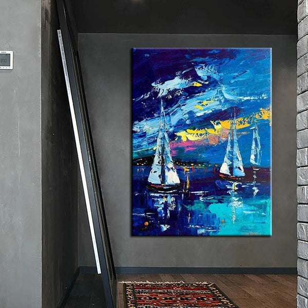 Hand Painted Oil Paintings Sailing Boat Landscape Blue Impression Painting Vintage Home Wall Art