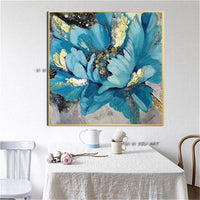 Hand Painted Blue Flowers Gold Foil Noble Decorative Modern Canvas Painting Wall Art