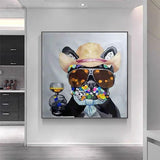 Home Decoration Hand PaintedThe Dog Is Holding A Wine Glass Wearing Sunglasses Paintings On Canvas Artwork Wall Art