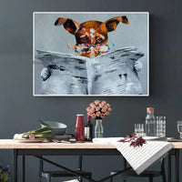 Hand Painted Wall Painting Read the Newspaper Dog Painting on Canvas Abstract Animals For Kid Room