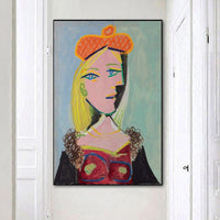 Hand Painted Oil Painting Picasso Woman wearing orange beret and fur collar (Mary Tres) Abstract Canvas Wall Art