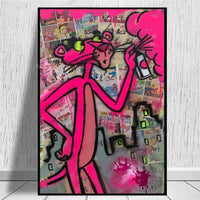 Hand Painted Oil Painting Graffitti Street Art Canvas Pink Leopard Animal Pop Painting Wall Panther