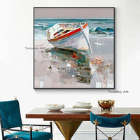 Hand Painted Boat On Seaside Oil Painting On Canvas Hand Painted Painting